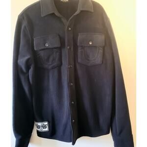 True Religion Lurex Woven Shacket Mens Size L Black Polar Fleece Chest Pockets